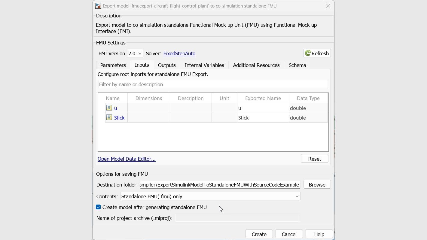 Dialog box of the export model to co-simulation standalone FMU.