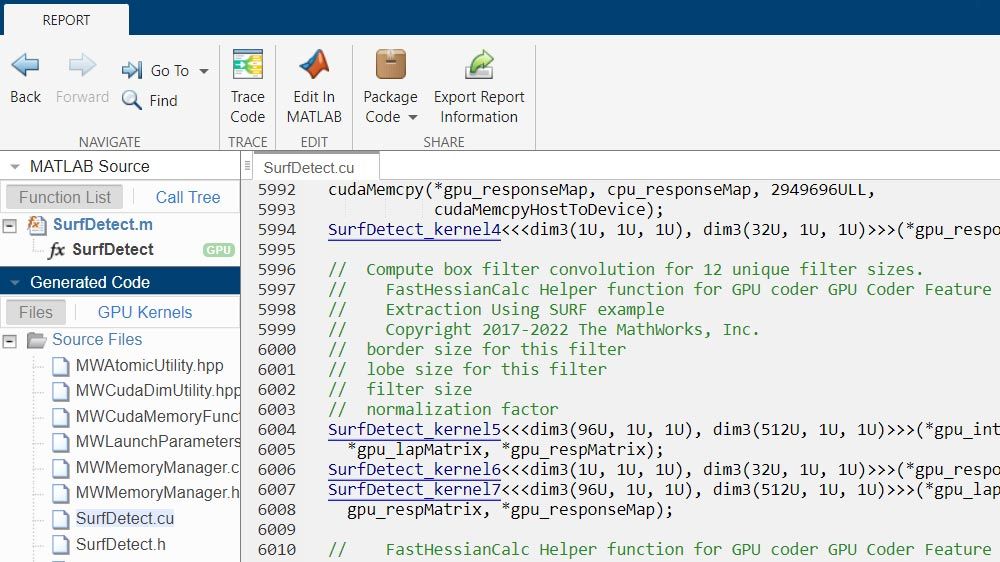 Rapport de génération de code montrant le code CUDA généré.