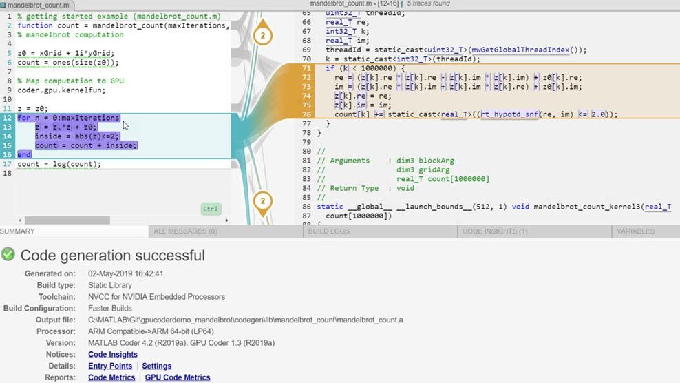 Rapport de génération de code montrant la traçabilité bidirectionnelle interactive entre le code MATLAB et le code CUDA généré.