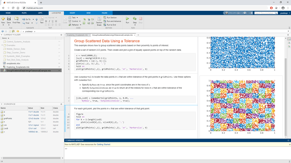 Capture d'écran de MATLAB Online Server avec l'onglet Live Editor ouvert.