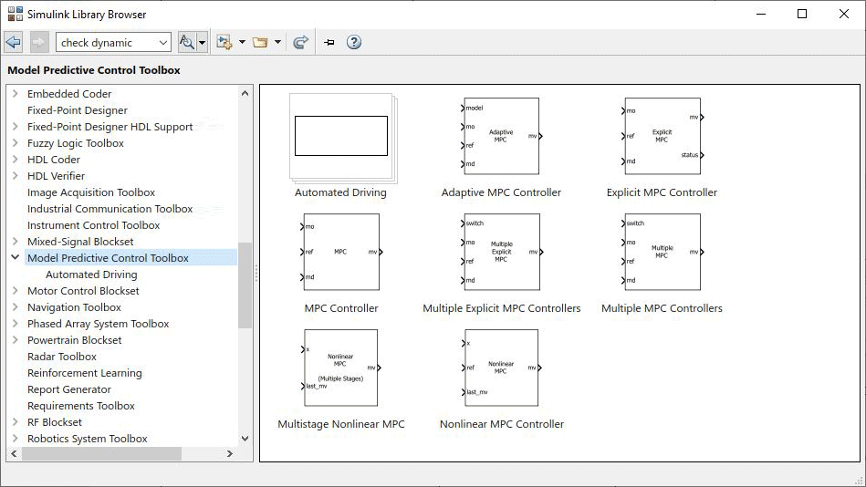 Navigateur de la bibliothèque de blocs de Simulink pour Model Predictive Control Toolbox.