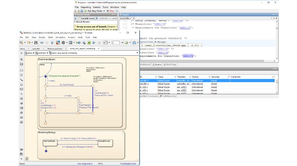 Traçage du code, depuis la source jusqu'à Simulink ou Stateflow.