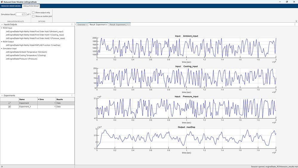 Capture d'écran de l'exécution d'expériences et de l'affichage des résultats d'expérience dans l'application Reduced Order Modeler.