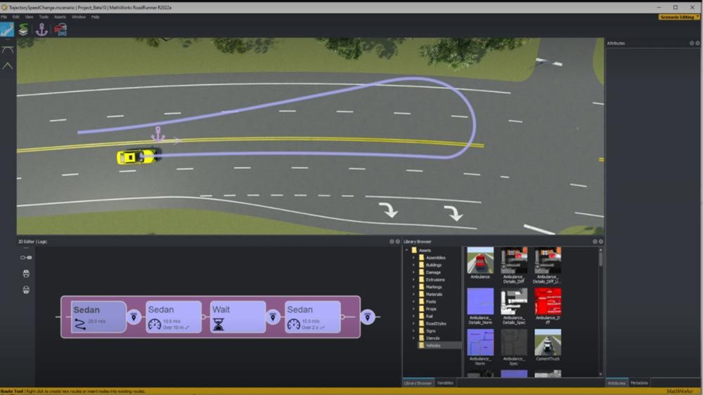 Véhicule avec une trajectoire et une logique personnalisées dans RoadRunner Scenario.