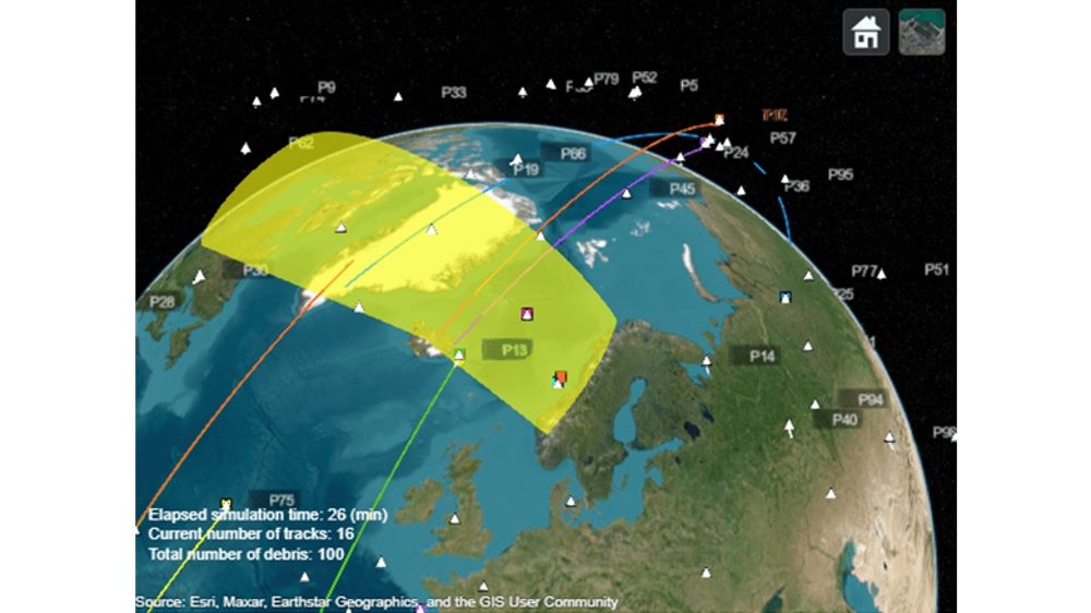Image illustrant la simulation d'un système de pistage des débris spatiaux avec une zone de surveillance radar et représentation des traces de débris spatiaux par des lignes traversant la zone de surveillance au cours de leur orbite autour du globe.