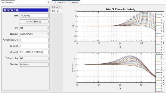 Paramètres et fonction de transfert pour un CTLE (Continuous-Time Linear Equalizer) adaptatif haute fréquence dans l'application SerDes Designer.