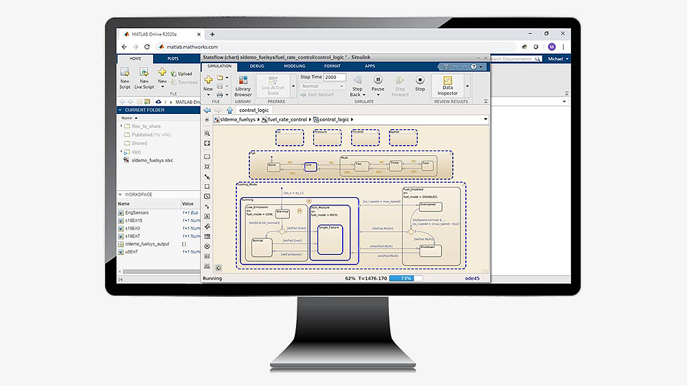 Écran d'ordinateur de bureau affichant une collaboration dans Simulink Online.