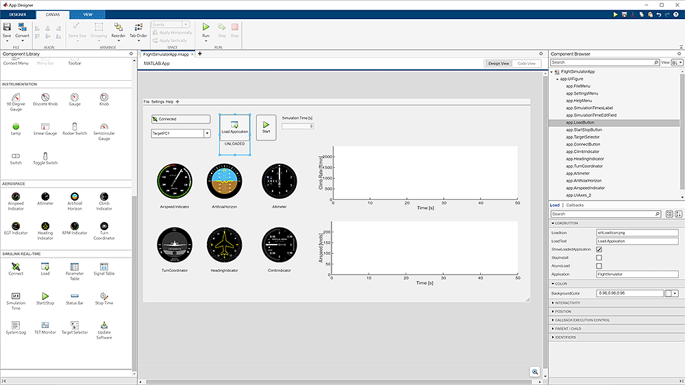 App Designer indique les composants Simulink Real-Time qui peuvent être placés dans la Design View.