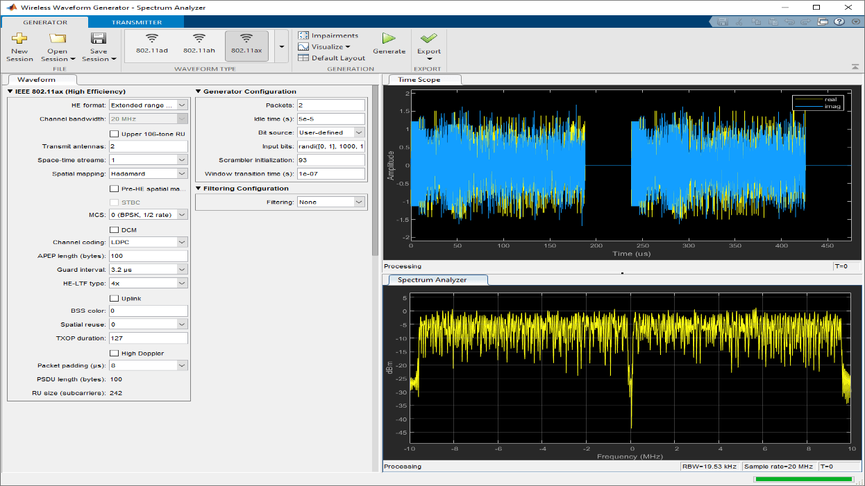 Capture d'écran de l'application Wireless Waveform Generator montrant une forme d'onde 802.11ax typique et ses paramètres. 