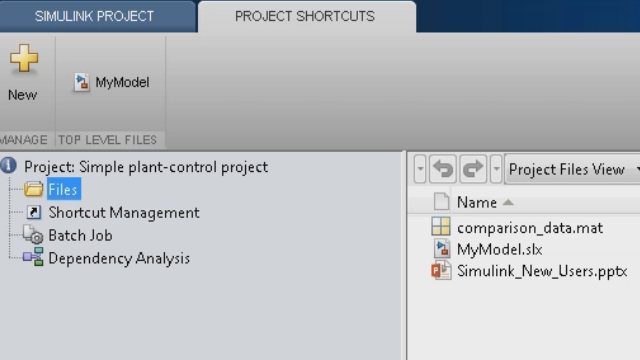 Use Simulink Projects to manage all the models and documents related to your project. Easily track and work with your files, and allow team members to access all documents.